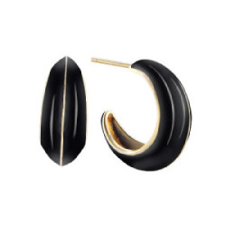 Pendientes Paris semi-aros con volumen, plata,  detalle de esmalte negro, dorado, 2 cm